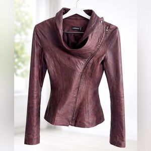 Genuine leather fitted moto jacket brown asymmetrical zip slim Y2K